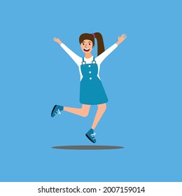 young girl jumping with happy face flat design
