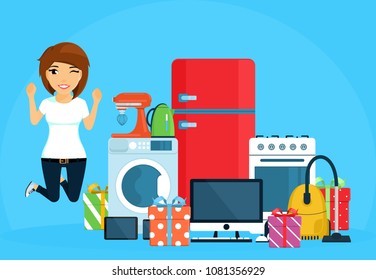 Young girl jumping with joy. Purchase of household appliances. Set of equipment for the house. In a flat style on blue background. Cartoon.