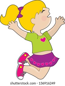 A young girl is jumping for joy. She has a ponytail and is dressed in a skirt with hearts on it