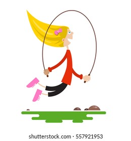 Young Girl Jumping with Jump Rope. Flat Design Vector Cartoon Isolated on White Background.