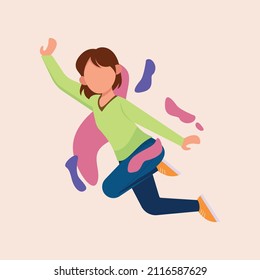 Young girl jumping with raised one hand.  The concept of healthy lifestyle, success. Vector illustration in a flat style.