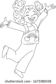 A young girl jumps cheerfully, a girl jumps happily - coloring page