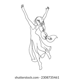 A young girl jumps and dances with her arms raised, rear view with flowers braided in a long braid. Vector for logos of dance, sports and creative clubs and more. Linear drawing of happy people.