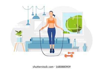 Young Girl Jumps Skipping Rope Playing Sport At Home. Concept Living Room With Sofa, Plants, Woman, Person Indoor Fitness Activities. Flat Vector Illustration. 