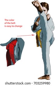A young girl karate in a kimono strikes her foot. color belt easy to change