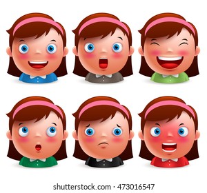 Young girl kid avatar facial expressions set. Cute emoticon heads vector characters isolated in white background. Vector illustration.
