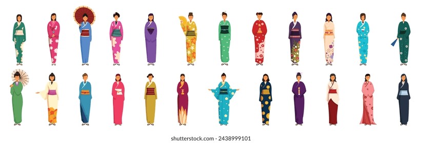 Young girl kimono icons set cartoon vector. Japanese woman. Traditional clothing