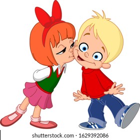 Young Girl Kissing A Boy On His Cheek