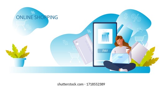 Young girl with laptop and coffee cup buying gifts online. E-commerce concept with smartphone screen, payment card,paper bags and finance icons. Vector illustration in flat style with female character