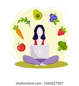 young girl with a laptop, doing yoga and healthy food on a gentle green background.