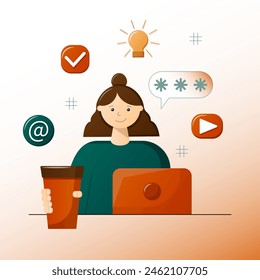 A young girl with a laptop drinks coffee and works online. She works online as a freelancer. Trendy style vector illustration. Retro color palette.