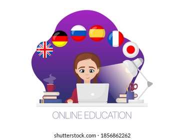 Young girl with laptop. Online language education illustration. Girl studying with computer and books flat vector art. 