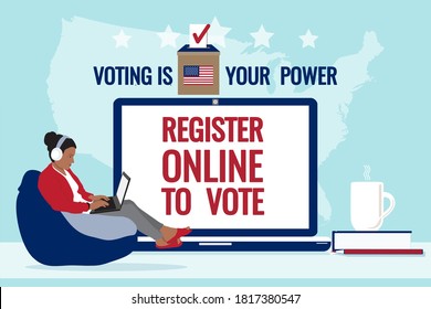 Young girl with laptop registering  remotely online to vote at election. Notebook screen, ballot box, bulletin, USA flag, map on background. Voting is your power, quote. Vector banner