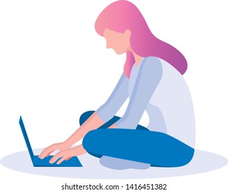 Young girl with laptop vector illustration. Flat female character sitting with notebook, working or surfing internet. Freelance concept. Side view. Isolated on white background.