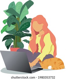 A young girl with a laptop is working from home. Freelancing or learning a concept. Cozy atmosphere with a cat. Remote work during the quarantine and isolation of the coronavirus. Vector illustration.