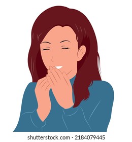 The young girl laughs, covering her mouth with her hands. Vector flat.