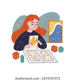 A young girl lays out tarot cards. The concept of divination, numerology and predictions. Modern flat design on white background