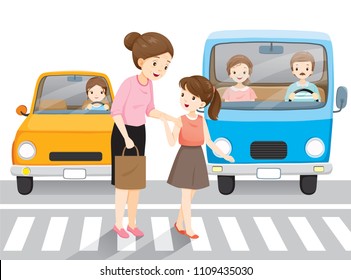 Young Girl Leading Old Woman Crossing The Street On Crosswalk. Cars Waiting Them, People, Lifestyle, Generation, Age