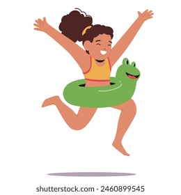 Young Girl Leaping Joyfully With Green Frog Inflatable Ring, Portraying A Scene Of Childhood Joy And Summer Fun At The Beach. Cartoon Vector Illustration Conveys Excitement And Happiness Under The Sun