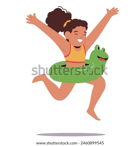 Young Girl Leaping Joyfully With Green Frog Inflatable Ring, Portraying A Scene Of Childhood Joy And Summer Fun At The Beach. Cartoon Vector Illustration Conveys Excitement And Happiness Under The Sun