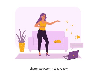 Young girl learn to dance by video lessons on a laptop at home. Home activity concept. Illustration for the online course website. Vector illustration in a flat cartoon style.