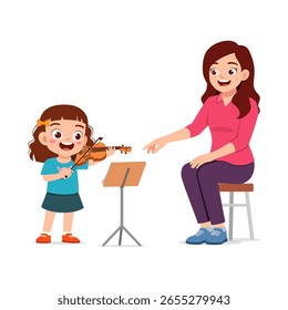 Violín de aprendizaje de niña con instructor con ilustración de dibujos animados de expresión sonriente