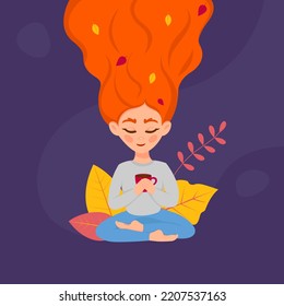 Young girl with leaves in hair relaxing in lotos pose with cup of coffee or tea. Autumn character. Relax concept vector illustration. 