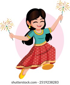 Jovem Menina em Lehenga e Kurti saltando alegremente com Sparklers - Ilustração de Diwali alegre