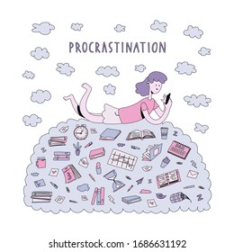Young girl lies among a pile of documents and tasks, dreams and hangs in the phone instead of working. Procrastinating office worker, studenti n the clouds. Vector Illustration in flat cartoon style