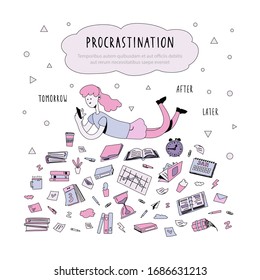 Young girl lies among a pile of work documents and important tasks, dreams and hangs in the phone instead of working. Procrastinating office worker, student. Vector Illustration in flat cartoon style