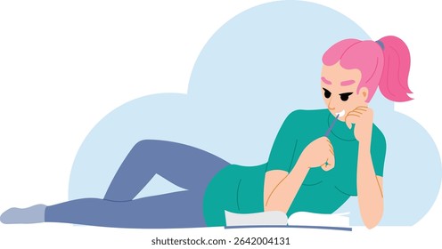 A young girl lies down and reads a book. Illustration of a student learning a lesson from a book. School days.