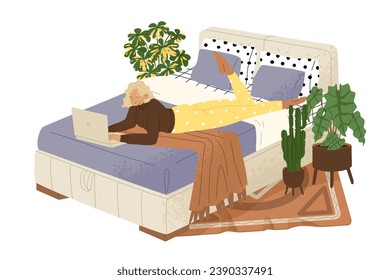 A young girl lies with a laptop on the bed in her room. Bedroom interior. Gadget addiction. Relaxation while watching TV series. Vector illustration.