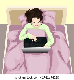 A young girl lies on the bed and holds a laptop in her hands. Communication, work, studying online, watching movies. Vector illustration.