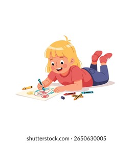 Uma jovem menina deita-se de bruços, desenhando com giz de cera em um pedaço de papel. Ela está sorrindo e focada em seu trabalho artístico.