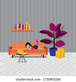 Young girl lies on sofa with a laptop. Work from home, online shopping. Vector flat illustration.
