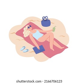 Young girl lies on a towel on the beach. Female cartoon character is resting, reading a book. Woman enjoys hot summer. Flat vector illustration. All elements are isolated.