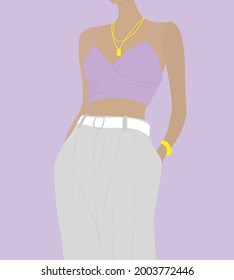A young girl in light clothes. Vector flat illustration. Clothes for the office, summer. Nude tones. Design for cards, posters, backgrounds, avatars, textiles, templates, fashion illustration, casual.