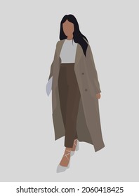 A young girl in a light raincoat and white shoes. Light-colored pants and a white T-shirt. Vector flat illustration. Design for posters, backgrounds, templates, cards, textiles, avatars.