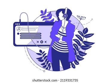 Young Girl Listen Sound Composition on Music Player or Mobile Phone Application. Female Character Wearing Headphones Enjoying Melodies and Relax. Vector Illustration