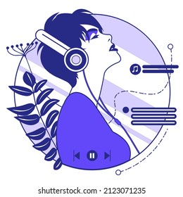 Young Girl Listen Sound Composition on Music Player or Mobile Phone Application. Female Character Wearing Headphones Enjoying Melodies and Relax. Vector Illustration