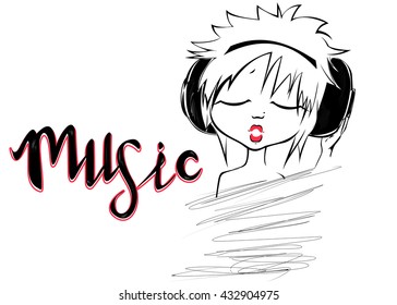 A young girl is listening to music in black headphones and singing with closed eyes and red lips, sign music - vector illustration