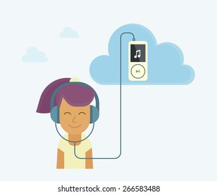 Young girl is listening to music from cloud server