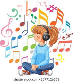 Young girl listening to music with colorful notes