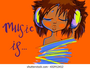A young girl listening to music in colorful bright headphones and singing with closed eyes in sketch style on orange background with sign music is - vector illustration