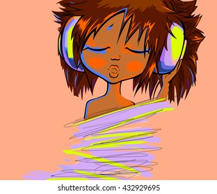 A young girl listening to music in colorful bright headphones and singing with closed eyes in sketching style on light background - vector illustration