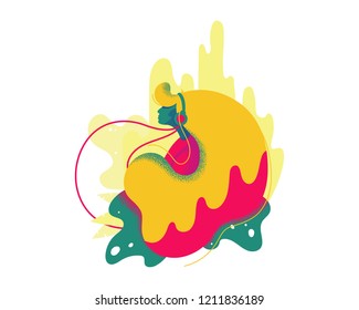 Young  girl listening to music with headphones. Flat vector texture Illustration.