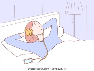 young girl is listening to music in headphones with closed eyes.Hand drawn style vector design illustrations.