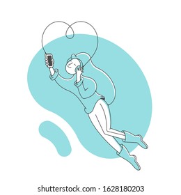 Young girl listening to music in headphones from the phone. Simple character modern flat. Happy girl is flying. Online music concept