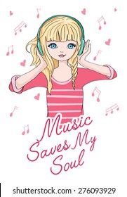 Young girl listening to music with headphones vector design.