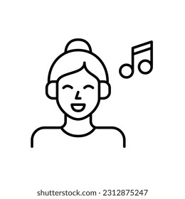 Young girl listening to music in her headphones. Relaxation and entertainment. Pixel perfect, editable stroke icon